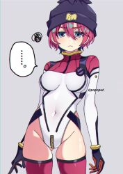 Rule 34 | ..., 1girl, amate yuzuriha, arm at side, arm behind back, beanie, black gloves, black hat, blue eyes, breasts, closed mouth, commentary request, covered navel, cowboy shot, dot nose, frown, gloves, gluteal fold, grey background, groin, gundam, gundam gquuuuuux, hair between eyes, hat, highleg, highleg leotard, highres, large breasts, leotard, light blush, long sleeves, looking at viewer, popo (popopuri), red gloves, red hair, red leotard, red thighhighs, short hair, simple background, sleeved leotard, solo, spoken ellipsis, squiggle, standing, thighhighs, twitter username, two-sided gloves, two-tone gloves, white leotard, zipper, zipper pull tab