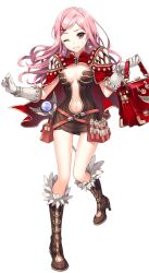 1girl bag belt boots breasts brown_boots brown_dress caduceus cape clenched_teeth creator_(ragnarok_online) crystal_earrings dress earrings full_body fur-trimmed_boots fur_trim gloves hair_ornament holding holding_bag jewelry large_variant_set long_hair looking_at_viewer medium_breasts nardack navel official_art one_eye_closed pink_eyes pink_hair plunging_neckline ragnarok:_guild_masters ragnarok_online red_bag red_belt red_cape short_dress simple_background solo staff standing standing_on_one_leg strapless strapless_dress sweatdrop swept_bangs teeth transparent_background variant_set vial wavy_hair white_gloves x_hair_ornament