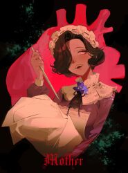 1girl absurdres apron black_background black_hair black_ribbon blanket dress english_text flower hair_over_one_eye hamra_(hamcommis) heart_(organ) highres holding holding_blanket holding_knife knife long_sleeves looking_at_object maid maid_headdress neck_flower neck_ribbon open_mouth pink_eyes purple_dress purple_flower reverse:1999 ribbon short_hair solo swaddled table_knife teeth tuesday_(reverse:1999) upper_body upper_teeth_only white_apron