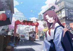 2boys 6+girls animal_ears architecture black_kimono black_pantyhose black_skirt black_socks black_thighhighs blonde_hair blue_archive blue_haori blue_kimono blue_sailor_collar blue_skirt broom cat_boy cherry_blossoms cityscape dog_boy east_asian_architecture fang gun halo haori highres holding holding_broom holding_gun holding_weapon japanese_clothes kimono kneehighs long_hair looking_at_viewer multiple_boys multiple_girls neckerchief non-web_source official_art open_mouth pantyhose parted_bangs personification pink_kimono purple_eyes purple_hair purple_halo red_neckerchief rifle sailor_collar shirt sidelocks skin_fang skirt socks thighhighs weapon white_kimono white_shirt white_skirt yellow_halo yukari_(blue_archive)