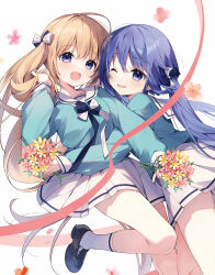 2girls :d black_bow black_shoes blonde_hair blue_shirt blush bouquet bow commentary_request flower hair_between_eyes hair_bow hakka_(suimya) highres holding holding_own_hair hug kurone_(suimya) loafers long_hair long_sleeves looking_at_viewer low_twintails multiple_girls one_eye_closed open_mouth original pink_flower pleated_skirt purple_eyes purple_hair sailor_collar school_uniform shirt shoes skirt smile socks suimya twintails very_long_hair white_background white_sailor_collar white_skirt yellow_flower