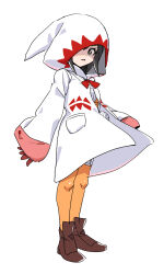 1girl bodysuit boots brown_boots brown_eyes brown_hair dede_(qwea_00000) final_fantasy final_fantasy_ix full_body garnet_til_alexandros_xvii gloves highres hood hood_up hooded_robe one_eye_covered orange_bodysuit pantyhose parted_lips red_gloves red_trim robe sleeves_past_wrists solo standing thigh_strap torn_clothes torn_pantyhose white_background white_mage_(final_fantasy) white_robe