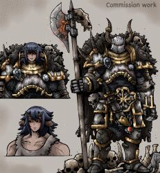 1other armor black_sclera blue_hair breastplate chainmail chaos_(warhammer) cloak colored_sclera commission corruption dark_skin eight-pointed_star fake_horns full_armor fur_cloak gauntlets greaves helmet highres holding holding_polearm holding_weapon horned_helmet horns looking_at_viewer multiple_views octosoup pauldrons polearm red_eyes shoulder_armor skull solo spiked_pauldrons standing sword warhammer_fantasy weapon