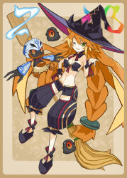 1girl bare_shoulders black_boots black_collar black_hat black_shorts boots braid breasts broom cleavage collar detached_collar fire green_eyes hair_between_eyes hat highres hyakkihei long_hair looking_at_viewer majo_to_hyakkihei metallica_(majo_to_hyakkihei) navel neck_ribbon one_eye_closed orange_hair puffy_pants ribbon sharp_teeth shorts smile stomach suaman teeth very_long_hair witch_hat