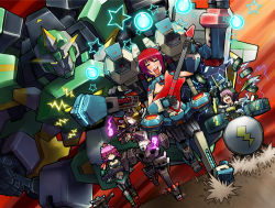 4girls bladine_(cosmic_break) blonde_hair blush brown_hair cosmic_break drum flute flutes guitar instrument maril_march mecha misty_hollow multiple_girls piano pink_hair red_eyes red_hair robot skj spirits tesladonna winberrl
