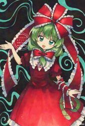 1girl arm_ribbon bow dress frilled_dress frills front_ponytail green_eyes green_hair hair_ribbon highres kagiyama_hina looking_at_viewer maa_(forsythia1729) red_bow red_dress red_ribbon ribbon solo touhou