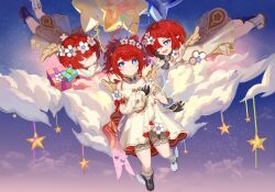 3girls absurdres ancient_greek_clothes angel_wings asid_(acidbranch) asymmetrical_footwear black_boots black_gloves blue_eyes boots chinese_commentary commentary_request cross-shaped_pupils dress gloves greco-roman_clothes hair_over_one_eye head_wreath highres honkai:_star_rail honkai_(series) mismatched_footwear multiple_girls on_cloud open_mouth pointy_ears red_hair short_hair sky star_(sky) star_balloon starry_sky symbol-shaped_pupils trianne_(honkai:_star_rail) tribbie_(honkai:_star_rail) trinnon_(honkai:_star_rail) triplets white_blindfold white_boots white_dress winged_boots wings