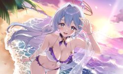 1girl alternate_costume bare_shoulders bikini blue_hair commentary face_jewel floating_hair guruguruming halo head_wings highres honkai:_star_rail honkai_(series) jewel_under_eye long_hair looking_at_viewer open_mouth outdoors robin_(honkai:_star_rail) smile solo swimsuit teeth upper_teeth_only white_bikini white_wings wings