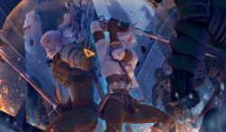 1girl 5boys armor beard belt brown_gloves castle ciri commentary dagger english_commentary facial_hair fighting fighting_stance full_armor geralt_of_rivia gloves helmet highres holding holding_sword holding_weapon jewelry knife leather leather_gloves leather_pants lips looking_away looking_to_the_side magic multiple_boys open_mouth pants parted_lips ponytail scar scar_across_eye scar_on_face scar_on_forehead sheath sheathed shirt short_ponytail standing sword sword_behind_back teeth the_witcher_(series) weapon white_hair white_shirt whoareuu witcher_medallion yellow_eyes