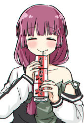 1girl alcohol alcohol_carton black_bow black_jacket black_nails blush bocchi_the_rock! bow braid carton closed_eyes dress drinking drinking_straw drinking_straw_in_mouth drunk green_dress hair_bow hiroi_kikuri jacket long_hair multicolored_jacket purple_hair simple_background single_braid single_off_shoulder solo torako_(toramaru) two-tone_jacket upper_body white_background white_jacket