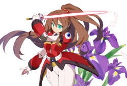 1girl android armor brown_hair energy_sword flower gloves green_eyes high-waist_pantyhose high_collar high_ponytail holding holding_sword holding_weapon iris_(mega_man) iris_-another-_(mega_man) joints kaidou_zx long_hair looking_at_viewer mega_man_(series) mega_man_x_(series) mega_man_x_dive military military_uniform pantyhose ponytail rapier red_armor robot robot_girl robot_joints shoulder_jewel simple_background solo sword very_long_hair weapon white_background white_gloves