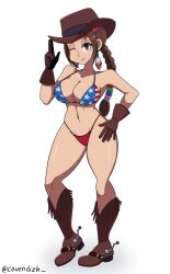 1girl american_flag american_flag_bikini american_flag_print bikini boots breasts brown_eyes brown_hair cavendizh cowboy_hat flag_print flag_print_bikini gloves hat highres julia_chang large_breasts looking_at_viewer one_eye_closed print_bikini swimsuit tekken white_background wink