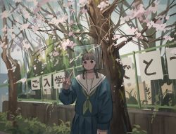 1girl black_hair blue_serafuku blue_skirt cherry_blossoms day expressionless female_focus green_neckwear looking_at_viewer low_twin_braids original outdoors pleated_skirt railing sailor_collar school_uniform serafuku skirt solo tensen_(dotted_line) tree twin_braids v what white_sailor_collar