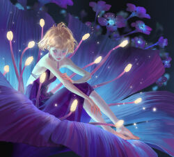1girl absurdres bare_shoulders barefoot blonde_hair blue_eyes blurry blurry_background blush breasts closed_mouth commentary dress english_commentary flower full_body hand_on_own_leg highres legs_together light_particles looking_to_the_side original purple_dress purple_flower sangsoo_jeong short_hair shy sitting_in_flower small_breasts solo thumbelina_(character)