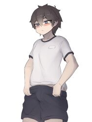 Rule 34 | 1boy, blue eyes, blush, brown hair, gym uniform, highres, pittori, undressing, white background