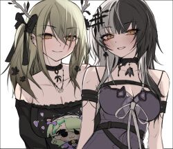 2girls armband black_bow black_choker black_shirt blonde_hair blush bow breasts ceres_fauna chibi choker cleavage commentary earclip earrings english_commentary eyelashes goth_fashion grey_hair hair_branch hair_ornament heart hololive hololive_english jewelry large_breasts lips looking_at_viewer medium_breasts multicolored_hair multiple_girls necklace off-shoulder_shirt off_shoulder parted_lips purple_shirt shiori_novella shiori_novella_(1st_costume) shirt simple_background sketch smile spaghetti_strap split-color_hair takida_185 twintails two-tone_hair virtual_youtuber white_background white_hair