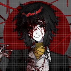 1boy bandaged_neck bandages black_eyes black_hair black_jacket blood blood_in_hair blood_on_clothes blood_on_face blood_on_hands chinese_commentary collared_shirt colored_skin commentary_request facepaint grin hand_up highres huaiqing jacket looking_at_viewer male_focus medium_hair open_clothes open_jacket portrait red_pupils shirt smile solo touqi_guaitan variant_set white_shirt white_skin ziche_fuzhao