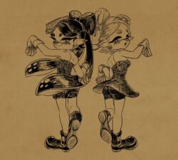 2girls ankle_boots backless_outfit bike_shorts black_hair blush boots bow brown_background callie_(splatoon) callie_(squid_sisters_outfit)_(splatoon) cousins detached_collar dress earrings eyelashes from_behind gloves hair_bow inkling jewelry marie_(splatoon) marie_(squid_sisters_outfit)_(splatoon) multiple_girls nicoharico nintendo pointy_ears romper sepia_background short_dress splatoon_(series) splatoon_1 tentacle_hair