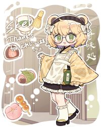 Rule 34 | 1girl, :d, animal ears, apron, bear ears, bear girl, black hairband, black sandals, black skirt, blonde hair, blush stickers, bright pupils, commentary request, commission, dango, food, frilled apron, frilled skirt, frilled socks, frills, full body, glasses, green eyes, hairband, highres, holding, holding menu, japanese clothes, kimono, long sleeves, looking at viewer, menu, mochi, notamaru 2, okobo, open mouth, outline, platform sandals, round eyewear, sakura mochi, sandals, short hair, skeb commission, skirt, smile, socks, solo, standing, tabi, vrchat, wagashi, white apron, white outline, white pupils, white socks, wide sleeves, yellow kimono