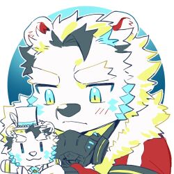 1boy animal_ears bear_boy bear_ears blush chibi closed_mouth commentary fur-trimmed_jacket fur_trim furry furry_male gas_mask hagiography hat highres holding holding_stuffed_toy jack_frost_(housamo) jacket looking_at_object male_focus mask multicolored_hair stuffed_animal stuffed_toy tokyo_houkago_summoners top_hat upper_body