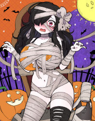 1girl animal asymmetrical_legwear bandaged_neck bandages bat_(animal) black_hair black_nails blush bottle_neko bow bra breasts cat claw_pose collarbone embarrassed fence hair_bow hair_over_one_eye halloween halloween_costume iron_fence jack-o&#039;-lantern large_breasts leg_wrap long_hair looking_at_viewer mismatched_legwear mummy_costume navel nose_blush open_mouth orange_background orange_bra original purple_background red_eyes sarcophagus solo star_(symbol) stomach thighhighs two-tone_background underwear wrist_wrap