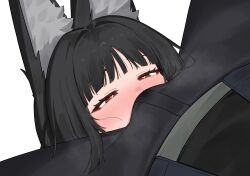 1boy 1girl animal_ear_fluff animal_ears black_hair black_pants blunt_bangs blush bulge commentary_request face_in_crotch flasso fox_ears fox_girl half-closed_eyes heart heart-shaped_pupils hetero highres hoshimi_miyabi long_hair nose_blush pants red_eyes simple_background sitting sitting_on_face sitting_on_person symbol-shaped_pupils upper_body white_background wise_(zenless_zone_zero) zenless_zone_zero