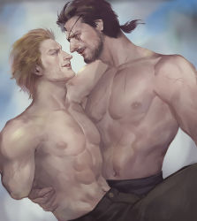 2boys abs amputee beard blonde_hair blue_eyes brown_hair carrying collarbone eyepatch facial_hair facial_scar holding horns kazuhira_miller looking_at_another male_focus metal_gear_(series) metal_gear_solid_v:_the_phantom_pain mugikoma mullet multiple_boys muscular muscular_male navel nipples parted_lips pectorals ponytail princess_carry realistic scar scar_across_eye scar_on_arm scar_on_cheek scar_on_face scar_on_nose short_hair simple_background single_horn smile topless_male venom_snake yaoi