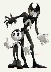 Rule 34 | 2boys, ankle boots, bendy, bendy and the ink machine, black eyes, black footwear, boots, bow, bowtie, chromatic aberration, commentary, demon, dual persona, fewer digits, film grain, full body, gloves, grey background, grin, highres, horns, index finger raised, ink, looking up, male focus, multiple boys, pac-man eyes, simple background, single glove, smile, sonokare, standing, twitter username, white bow, white bowtie, white gloves