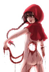 1girl akazukin_(tokyo_akazukin) ass backlighting black_hair bleeding blood braid brown_eyes commentary_request entrails guro highres holding_entrails hole_in_stomach injury long_hair looking_at_viewer looking_back naked_hood organs parted_lips red_hood saitou_nekoichi severed_arm severed_limb smile solo tokyo_akazukin twin_braids