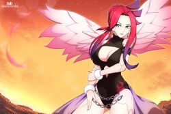 Rule 34 | axasempai, bare shoulders, black one-piece swimsuit, breasts, chain, cowboy shot, earrings, feathered wings, feathers, ferham (mega man), green eyes, hair bun, highres, jewelry, large breasts, mega man (series), mega man x: command mission, mega man x (series), mega man x dive, one-piece swimsuit, pink feathers, pink wings, red hair, robot ears, robot girl, sunset, swimsuit, wings