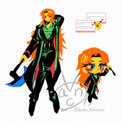 1girl axe black_coat black_pants black_shoes blue_eyes brown_hair chibi closed_mouth coat collared_shirt colored_skin full_body green_shirt holding holding_axe limbus_company limited_palette long_hair long_sleeves looking_at_viewer marshmallow_(site) multiple_views pants parted_bangs project_moon rodion_(project_moon) shirt shoes simple_background solo standing vancho_vakurets very_long_hair white_background yellow_skin