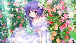 1girl aqua_eyes arch bare_shoulders blue_hair braid breasts bride cleavage closed_mouth collarbone day dot_nose dress dutch_angle film_grain floral_arch floral_print flower game_cg grass hair_flower hair_ornament hair_ribbon honjou_kasumi izumi_tsubasu leaning_forward lens_flare looking_at_viewer medium_breasts medium_hair non-web_source off-shoulder_dress off_shoulder official_art orange_flower orange_rose outdoors pink_flower pink_rose re:stage! red_flower red_ribbon red_rose ribbon rose sign single_braid smile solo sparkle wedding wedding_dress white_dress white_flower white_rose