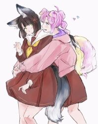 Rule 34 | 2girls, :3, :d, animal ears, anyoji hime, black hair, black ribbon, blunt bangs, blunt ends, blunt sidelocks, bob cut, brown dress, commentary, dog ears, dog girl, dog tail, dress, feet out of frame, flower, flower knot, fox ears, fox girl, fox tail, green eyes, hair flower, hair ornament, hair ribbon, hasu no sora school uniform, heart, highres, hood, hooded jacket, hug, hug from behind, jacket, kemonomimi mode, link! like! love live!, long sleeves, looking at another, love live!, medium dress, momose ginko, multi-tied hair, multiple girls, neckerchief, open mouth, parted lips, pink flower, pink jacket, pleated dress, ponytail, ribbon, sailor collar, sailor dress, school uniform, short hair, sidelocks, simple background, smile, tail, virtual youtuber, white background, white sailor collar, winter uniform, yam5565, yellow neckerchief