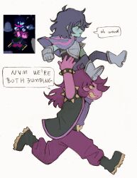 1girl 1other aqua_skin armlet armor blue_skin cape colored_skin colored_teeth deltarune furry furry_female highres holding jewelry kris_(dark_world)_(deltarune) kris_(deltarune) pink_skin simple_background spiked_armlet susie_(dark_world)_(deltarune) susie_(deltarune) szivarvanyturmix02 tomboy yellow_teeth