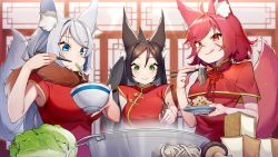 3girls animal_ear_fluff animal_ears blue_eyes blush bok_choy bowl breasts brown_hair cabbage capelet china_dress chinese_clothes chinese_knot chopsticks dress eating food fox_ears fox_girl fox_tail green_eyes grey_hair highres holding holding_chopsticks holding_plate illian-san indoors large_breasts lips long_hair multiple_girls mushroom noodles original plate red_dress red_eyes red_hair rice scar scar_on_face short_hair short_sleeves small_breasts tail tofu tongue tongue_out upper_body virtual_youtuber
