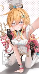 1girl :q aqua_eyes arm_up armpits blonde_hair blush bow braid breasts dress escoffier_(genshin_impact) genshin_impact hair_between_eyes hair_ornament hat heart heart-shaped_pupils high_heels highres komor_yuki long_hair looking_at_viewer medium_breasts pink_bow solo symbol-shaped_pupils thighhighs tongue tongue_out white_dress white_hat white_thighhighs x_hair_ornament
