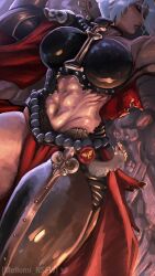 adepta_sororitas armor battle_damage black_armor fainted fleur-de-lis highres lipstick makeup mature_female mellomi muscular muscular_female parted_lips power_armor sunset white_hair