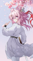 1girl absurdres alternate_costume bell blue_eyes cherry_blossoms commentary_request cowboy_shot evzeva falling_petals from_behind hair_bell hair_between_eyes hair_ornament highres honkai:_star_rail honkai_(series) jingle_bell looking_at_viewer looking_back march_7th_(honkai:_star_rail) march_7th_(hunt)_(honkai:_star_rail) multicolored_eyes parted_lips petals pink_eyes pink_hair shuangyaji solo tunic two-tone_eyes white_tunic