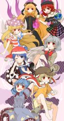 6+girls :d ambiguous_red_liquid american_flag_dress american_flag_legwear animal_ears bad_id bad_pixiv_id bare_shoulders barefoot black_dress blonde_hair blue_dress blue_eyes blue_hair book bow bowtie chain chinese_clothes clothes_writing clownpiece collar dango doremy_sweet dress earclip earth_(ornament) everyone fairy_wings flat_cap floppy_ears food hat hecatia_lapislazuli highres jacket jester_cap junko_(touhou) kine kishin_sagume legacy_of_lunatic_kingdom long_hair long_sleeves mallet midriff misha_(hoongju) moon_(ornament) multiple_girls nightcap one_eye_closed open_clothes open_mouth orange_shirt pantyhose pom_pom_(clothes) purple_dress rabbit_ears red_eyes red_hair ribbon ringo_(touhou) sash seiran_(touhou) shirt short_hair short_sleeves silver_hair single_wing skewer skirt smile star_(symbol) striped t-shirt tabard tail tapir_tail tongue tongue_out torch touhou very_long_hair wagashi wide_sleeves wings