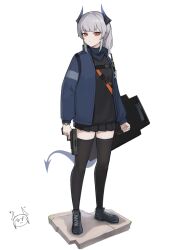 1girl arknights bajigurr ballistic_shield black_shirt black_shoes black_skirt black_thighhighs blue_jacket closed_mouth dragon_girl dragon_horns dragon_tail full_body grey_hair gun handgun highres holding holding_gun holding_shield holding_weapon horns jacket liskarm_(arknights) long_sleeves looking_at_viewer miniskirt open_clothes open_jacket orange_eyes pleated_skirt shield shirt shoes short_hair simple_background skirt solo standing strap tail thighhighs watch weapon white_background wristwatch