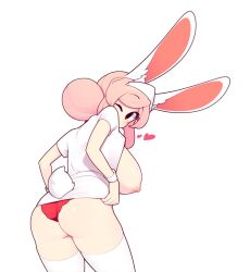 1girl animal_ears ass breasts breasts_out clothing_cutout commentary fiz_(fizintine) fizintine hair_bun hat heart highres huge_breasts large_breasts leaning_forward looking_at_viewer nipples no_pants nurse nurse_cap one_eye_closed original panties pink_hair rabbit_ears rabbit_girl rabbit_tail red_panties shirt short_sleeves simple_background single_hair_bun solo symbol-only_commentary tail tail_through_clothes thighhighs underwear white_background white_shirt white_thighhighs wrist_cuffs