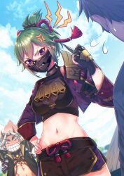 1girl 2boys anger_vein arataki_itto black_shirt black_shorts blue_sky breasts clenched_hand clenched_teeth cloud commentary crop_top day genshin_impact green_hair hand_on_own_hip hand_up highres jacket kuki_shinobu long_sleeves looking_at_viewer mask medium_breasts midriff mouth_mask multiple_boys navel ohiru_(ac1at1) open_clothes open_jacket outdoors purple_eyes purple_jacket shirt short_hair short_shorts shorts sky stomach teeth