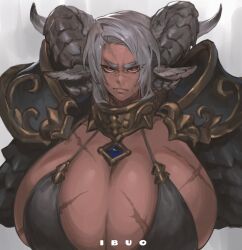 Rule 34 | 1girl, animal ears, armor, bikini armor, blue gemstone, breasts, closed mouth, gem, grey hair, highres, horns, huge breasts, ibuo (ibukht1015), looking at viewer, original, pauldrons, red eyes, scar, scar on breasts, scar on face, scar on nose, shoulder armor, simple background, solo, thick eyebrows, upper body
