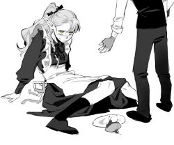 1boy 1girl alternate_costume apron back blush braid buttons chilchuck_tims closed_mouth collared_dress commentary dress dungeon_meshi english_commentary enmaided fingerless_gloves food formal_clothes frills gloves green_eyes greyscale hair_ribbon handkerchief high_ponytail highres kugai697139 long_hair long_sleeves looking_at_another maid marcille_donato monochrome neck_ribbon omelet omurice pants plate pocket pointy_ears ponytail puffy_long_sleeves puffy_sleeves ribbon sad shirt shoes simple_background single_braid sitting socks solo_focus standing sweatdrop tearing_up vest