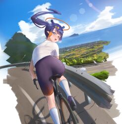 1girl absurdres ass bicycle bike_shorts blue_eyes blue_sky blush bra cloud day diamond_hairband elsten guard_rail halo highres hololive long_hair looking_at_viewer looking_back ninomae_ina&#039;nis open_mouth outdoors pointy_ears ponytail purple_hair riding riding_bicycle road see-through_clothes shirt shoes sky socks solo sweatdrop t-shirt tentacle_hair underwear white_socks yellow_halo