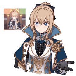 1girl black_bow blonde_hair blue_capelet blue_eyes blush bow brooch capelet genshin_impact gloves hair_bow highres jean_(genshin_impact) jewelry long_hair mon-chan multiple_views parted_lips simple_background upper_body white_background