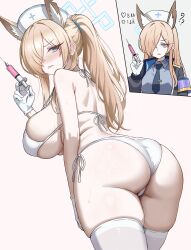 1girl absurdres animal_ear_fluff animal_ears ass back bikini blonde_hair blue_archive blue_eyes breasts curvy from_behind gloves hair_over_one_eye hat high_ponytail highres holding holding_syringe kanna_(blue_archive) lansulynn large_breasts long_hair looking_back nurse_cap parted_lips ponytail sharp_teeth sideboob sidelocks simple_background skindentation strap_gap sweat swimsuit syringe teeth thighhighs thighs very_long_hair white_background white_bikini white_gloves white_thighhighs