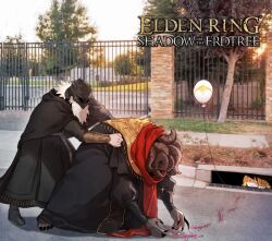 Rule 34 | 1other, 2boys, ambiguous gender, balloon, bent over, black cloak, black nails, black robe, cloak, copyright name, covered face, day, donar0217, elden ring, elden ring: shadow of the erdtree, fingernails, from side, full body, grate, helmet, horns, leaning forward, meme, miquella (elden ring), mohg lord of blood, multiple boys, multiple horns, outdoors, pennywise in the sewer (meme), photo background, red scarf, road, robe, scarf, sewer grate, sharp fingernails, sir ansbach, sparkle, street, sweatdrop, tree