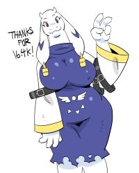 1girl adapted_costume alternate_costume animal_ear_piercing animal_ears arm_belt belly belt black_belt blue_dress body_fur breasts claws covered_erect_nipples curvy dress fangs fangs_out feet_out_of_frame full_body furry furry_female goat_ears goat_girl goat_horns hand_up highres horns huge_breasts kewlbot long_sleeves looking_at_viewer milestone_celebration parody plump red_eyes redesign short_dress skin_fangs smile style_parody thank_you toriel torn_clothes torn_dress turtleneck turtleneck_dress undertale v v-shaped_eyebrows watanabe_kenji_(style) white_fur white_sleeves wide_sleeves