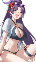 1girl absurdres bikini black_bikini blue_eyes blush breasts cleavage deras earrings eyewear_on_head fang flower hair_flower hair_ornament halo highres jewelry large_breasts long_hair looking_at_viewer navel o-ring o-ring_bikini o-ring_thigh_strap official_alternate_costume official_alternate_hairstyle open_clothes open_mouth open_shirt pink-framed_eyewear ponytail purple_eyes purple_hair purple_halo red_flower shirt short_sleeves simple_background skin_fang skindentation smile solo swimsuit thigh_strap thighs very_long_hair white_background white_shirt yukari_(blue_archive) yukari_(swimsuit)_(blue_archive)